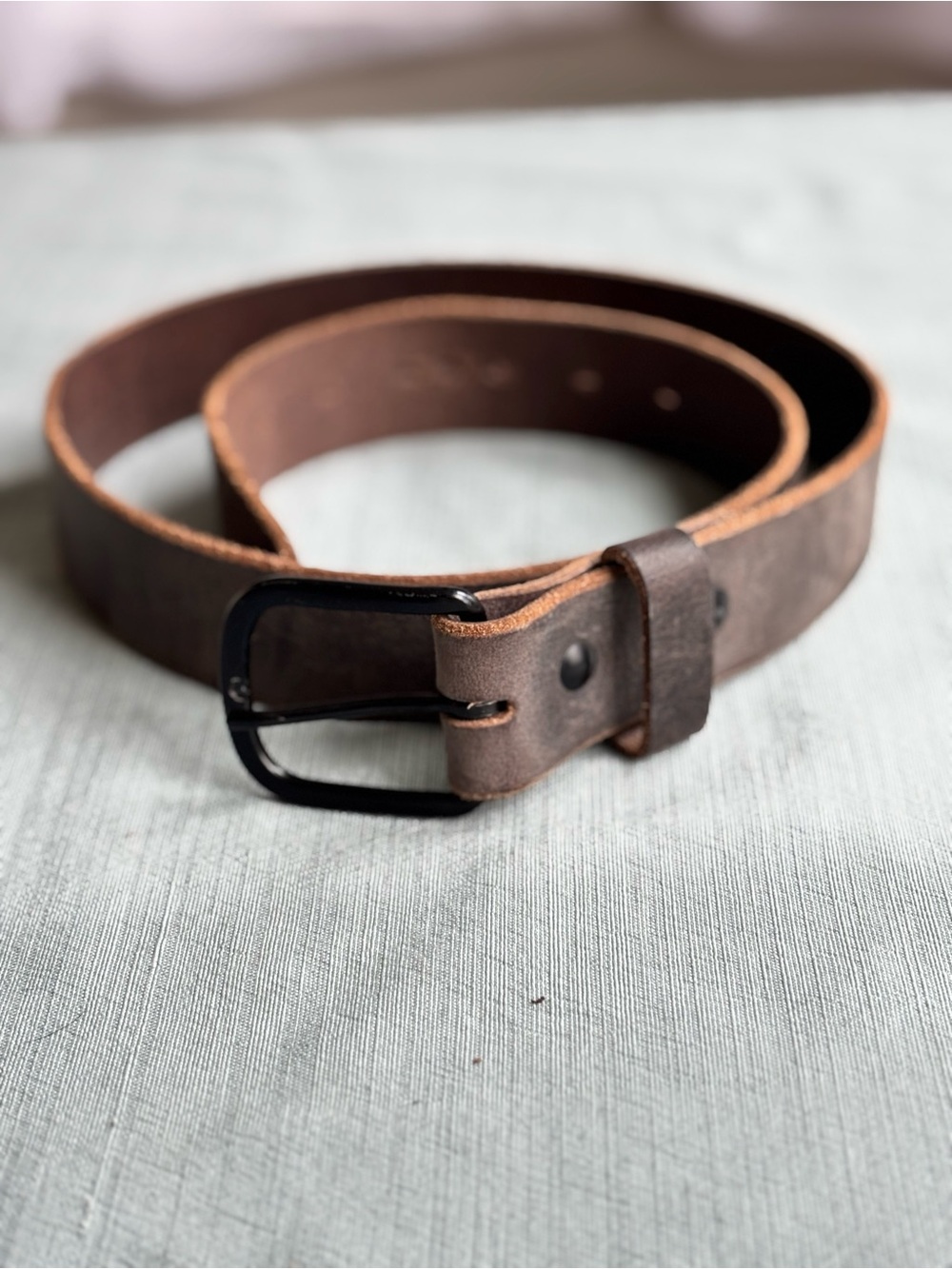Men's 34 Gray Brown Leather Belt with Black Buckle - Made in USA durable